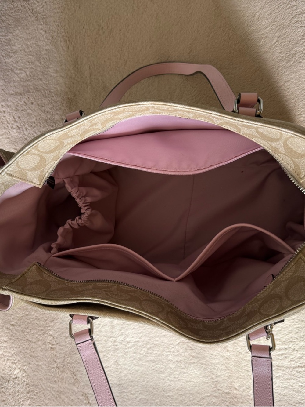 Coach Beige Signature Tote with Pink Leather Handles - Picture 2 of 4